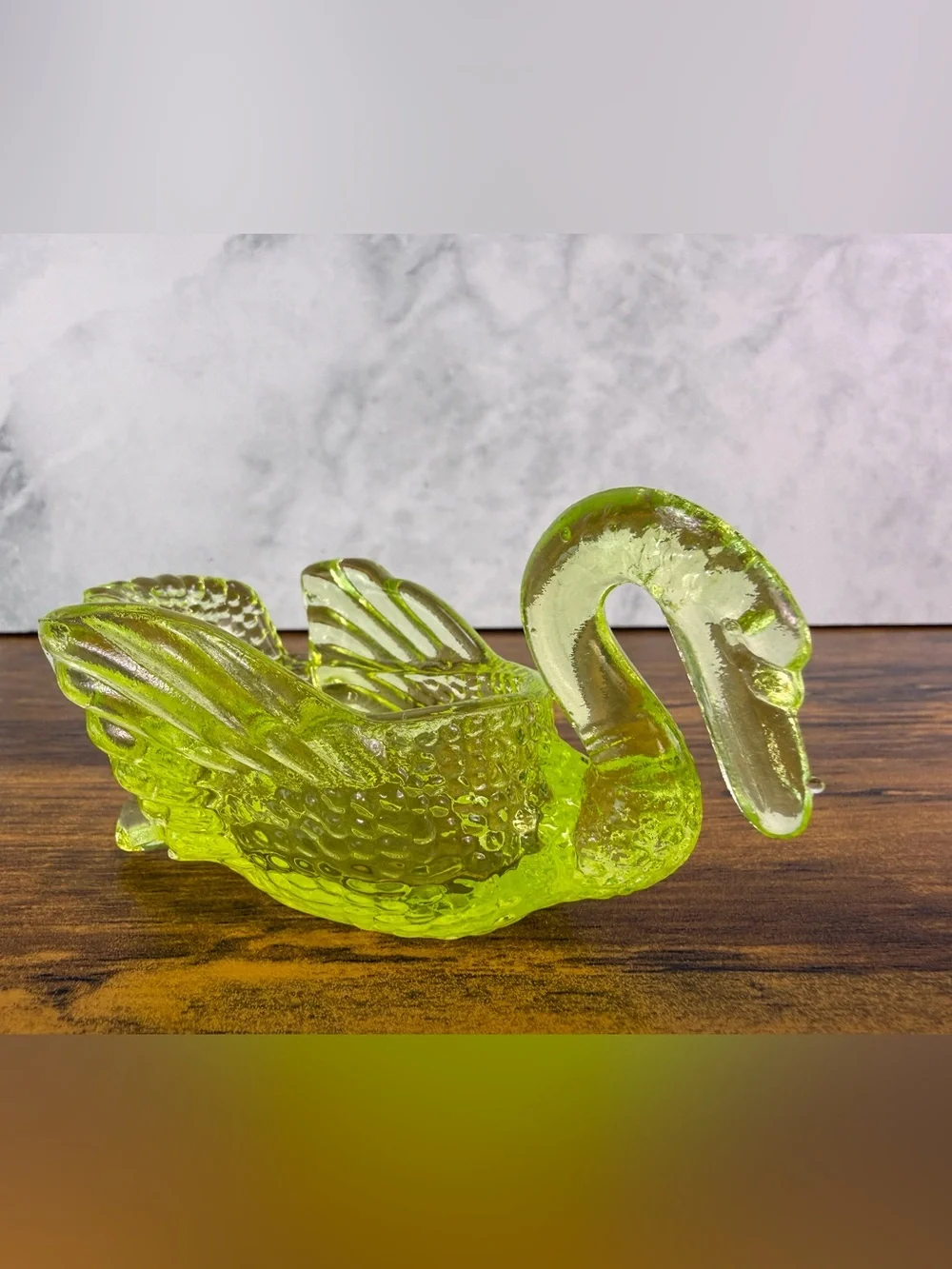 Mosser Glass Uranium Vaseline Swan Open Salt Cellar Dish UV Glow Vintage